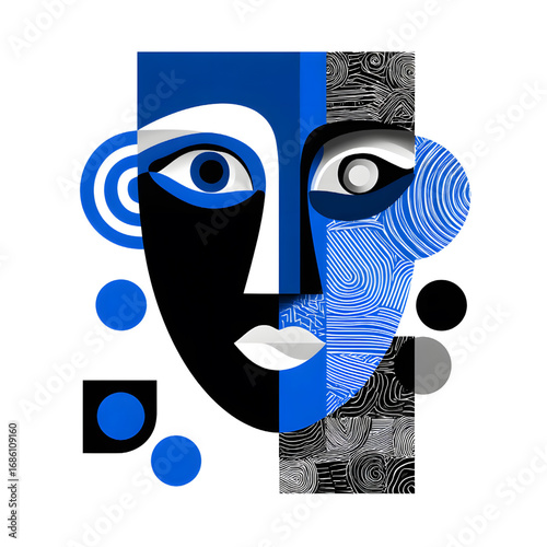 Abstract cubist style portrait with geometric shapes and patterns.
