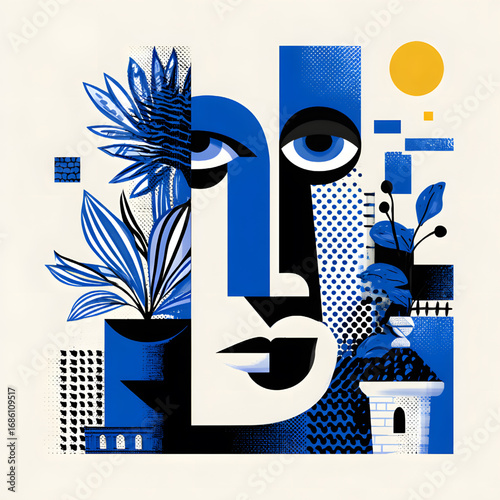 Abstract cubist style portrait with blue geometric elements.