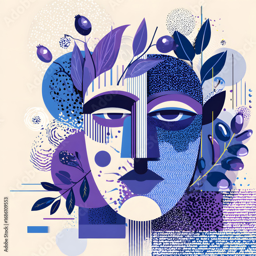 Abstract illustration of a stylized face with purple olive branches.