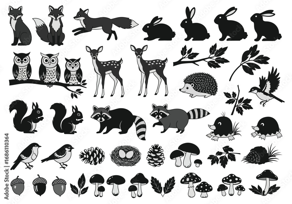 Naklejka premium Collection of black and white forest animals, including foxes, deer, owls, squirrels, rabbits, hedgehog, birds, raccoon, mushrooms, pine cones, and leaves for design