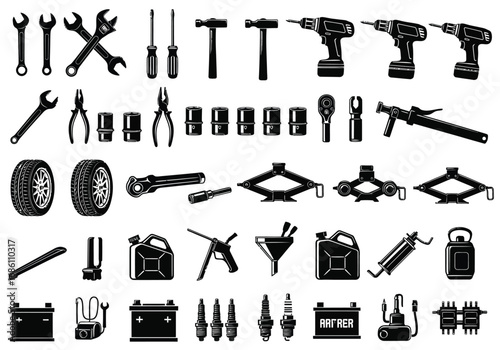 A comprehensive vector collection of monochrome car repair tools and garage equipment for auto maintenance, including wrenches, drills, and jacks