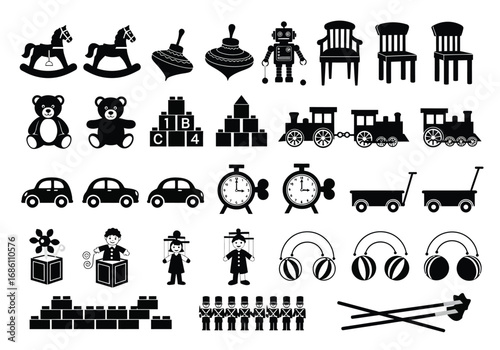A diverse collection of black silhouette icons representing classic children's toys and playtime elements, perfect for design projects and educational materials and resources