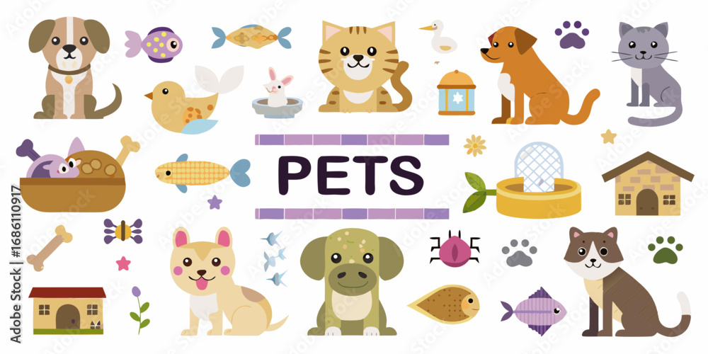 Obraz premium Collection of cute cartoon pets and pet related items with the word pets in the center