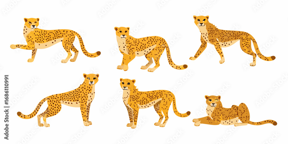 Obraz premium Collection of six stylized cheetahs in various poses on a white background