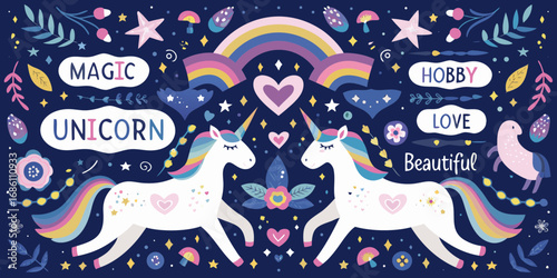 Whimsical illustration of two magical unicorns with rainbow manes and tails surrounded by stars and hearts