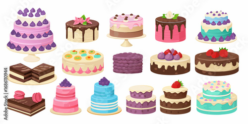Collection of colorful and delicious cakes and desserts for celebrations and parties