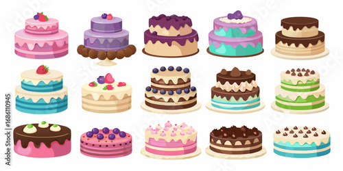 Collection of delicious and colorful layered cakes decorated with fruits and cream