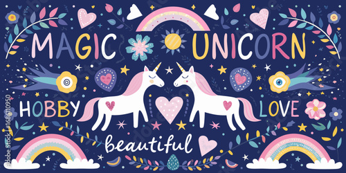Two charming white unicorns with pink manes and tails surrounded by magical elements like rainbows stars hearts and flowers
