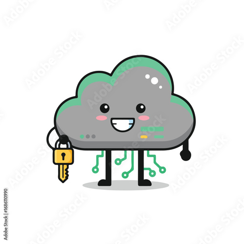 A cartoon cloud character holding a golden padlock with a key The cloud has a friendly face black circuitry legs