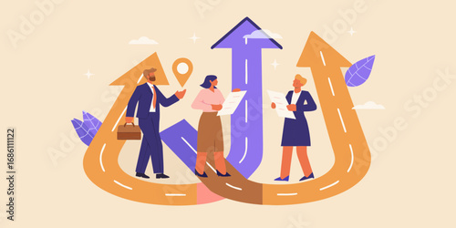 Diverse business professionals collaborating on growth strategies depicted by upward arrows and road metaphors