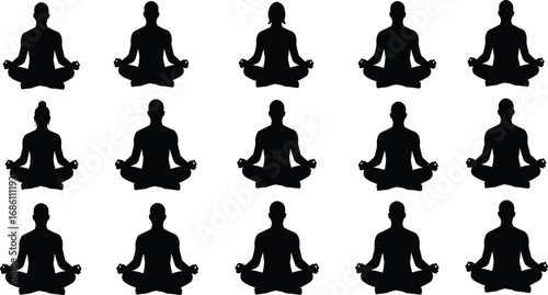 Meditation yoga silhouette set, lotus position mindfulness relaxation seated practice, black vector illustration,  peace, balance, calm health lifestyle design collection
