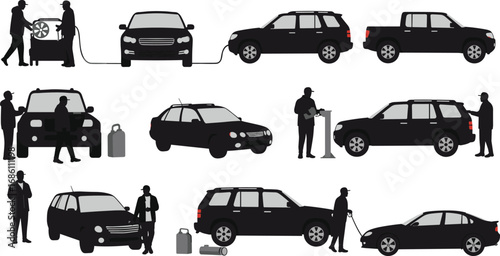 Car service silhouette set, mechanic repair maintenance fueling washing vehicle poses, black vector illustration, automotive workshop artwork for transport, industry, garage design collection