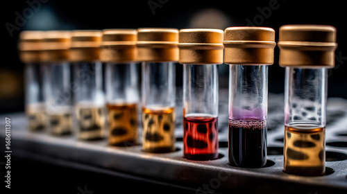Macro shot of of antioxidant assay tubes with vivid color gradations, rack focus across tubes, neutral lab lighting, dynamic and scientific, ultra-clean detail