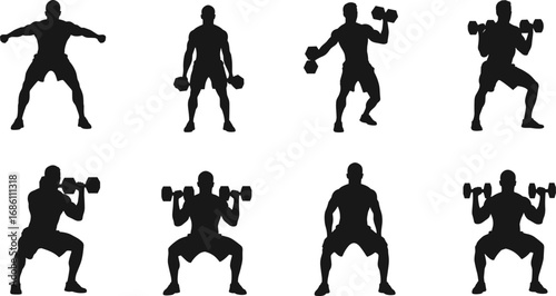 Man weightlifting silhouette set, gym dumbbell workout training poses, black vector illustration, fitness strength exercise artwork for bodybuilding, sport, health lifestyle design collection