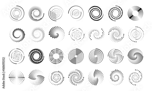 Geometric round elements with spiral motion and halftone effect. Use for logos, abstract compositions, or modern tech banners. Easy-to-edit vector format.