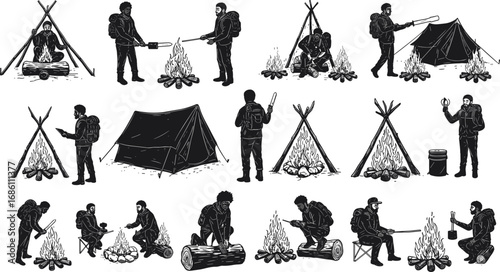 Camping silhouette set, hikers backpacking with tent campfire cooking outdoor activities, black vector illustration, adventure survival artwork for travel, forest, nature lifestyle design collection