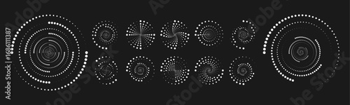 Dynamic swirl composed of thick halftone lines in circular formation. Ideal for energy-themed graphics and digital interfaces. Clean vector for scalable designs.
