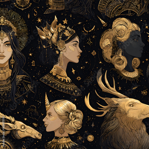 Celestial Portraits of Golden Goddesses and Mythical Beings.