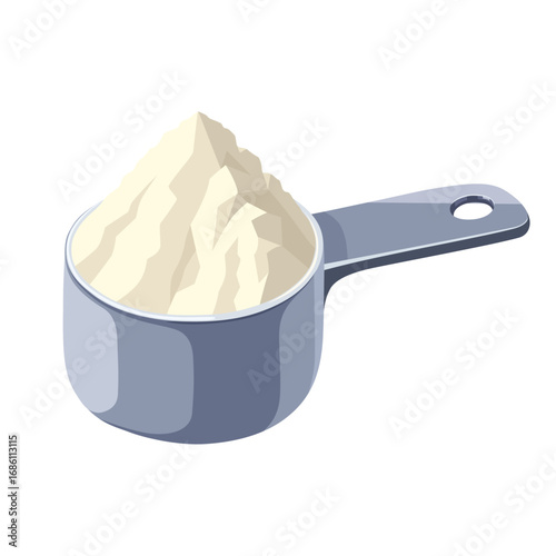 Illustration of a measuring spoon full of whey powder, isolated on a white background.