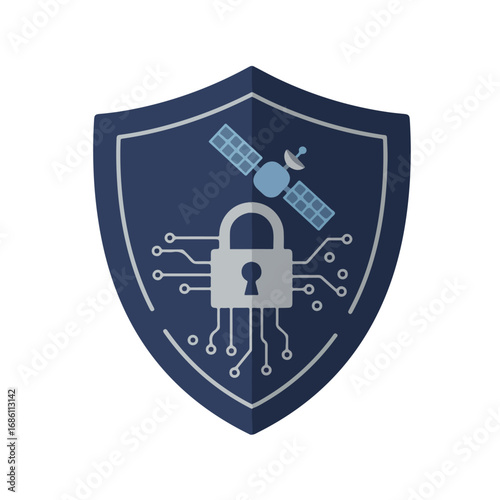 A navy shield contains a lock formed from circuits a satellite and light blue elements all against a white background