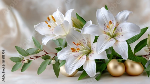 White lilies and golden easter eggs creating a beautiful spring bouquet