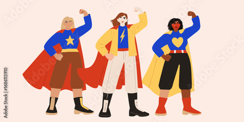 Three diverse women in superhero costumes striking powerful poses symbolizing strength and unity