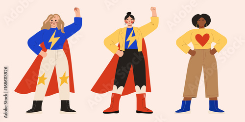 Diverse women dressed as superheroes standing confidently with fists raised