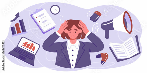 Overwhelmed businesswoman feeling stressed and anxious with many tasks and deadlines approaching