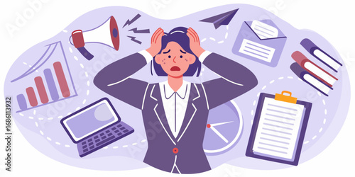 Stressed businesswoman overwhelmed by work tasks and deadlines with charts and laptop