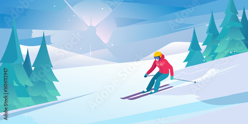 A skier in a red jacket and yellow helmet skis down a snowy mountain slope surrounded by pine trees