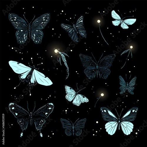 Collection of magical glowing butterflies moths and fireflies.