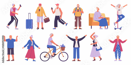 Diverse group of happy elderly people enjoying various activities and using technology