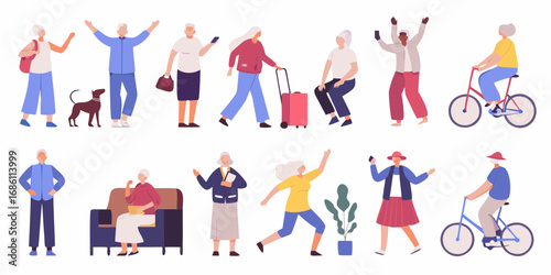 Diverse group of active senior adults enjoying various activities and hobbies in a flat design style