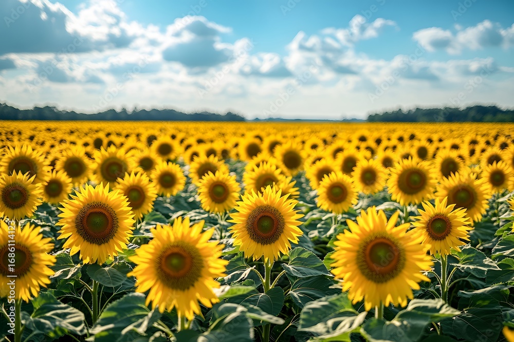 Fototapeta premium Sunflower field under blue sky with white clouds