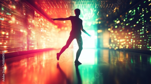 Silhouette figure dancing in vibrant, futuristic tunnel