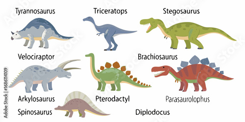 Collection of colorful cartoon dinosaurs labeled with their names tyrannosaurus triceratops stegosaurus