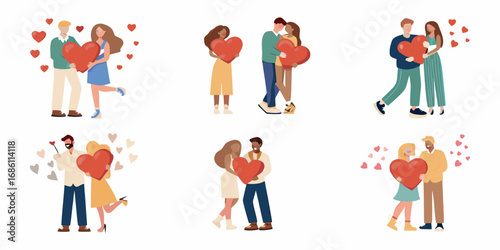 Diverse couples holding large red hearts surrounded by smaller hearts celebrating love and romance
