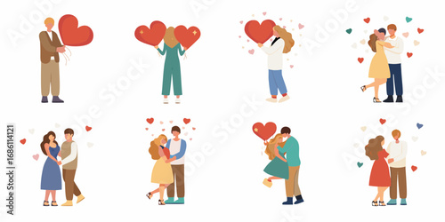Collection of diverse couples celebrating love and romance with heart shaped balloons and falling hearts