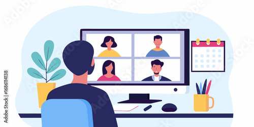 Man participating in a video conference call with colleagues on his computer screen