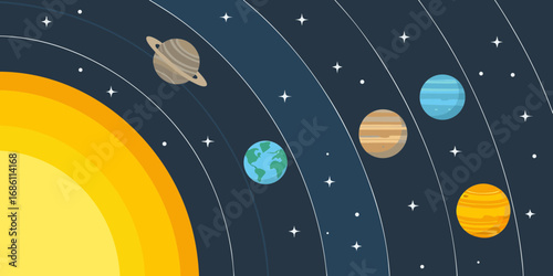 Stylized flat illustration of the solar system with the sun and planets orbiting in space