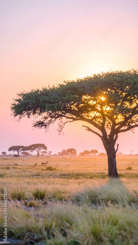Obraz premium Sunrise African savanna, lone acacia tree