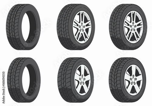 Car tires with rims in different views