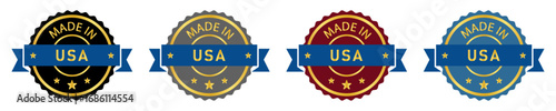 Made in USA badge stamp set with ribbon banner, circular label emblem. Ideal for product packaging, certification, export, branding and promotional design templates.
