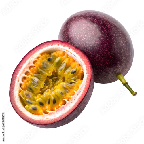 Ripe Passion Fruit: Close-up of Halved and Whole Exotic Fruit, Vibrant Tropical Colors, Healthy Food Photography on transparent background