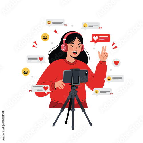 A person wearing a red sweater and headphones is holding a phone on a tripod gesturing and surrounded by chat bubbles and emojis
