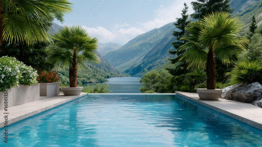 Fototapeta premium Infinity pool overlooking a mountain lake with palm trees