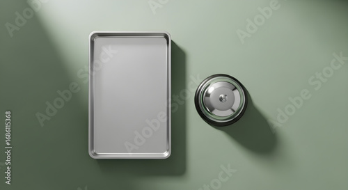 A simple metal baking sheet rests on a green surface next to a silver and black service bell casting shadows