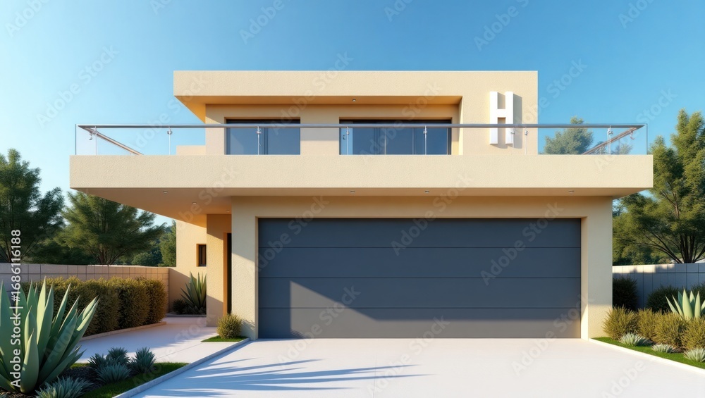 Fototapeta premium A modern, light beige house with a dark gray garage door and a balcony, featuring a large white letter H, sits on a sunny, landscaped lot.