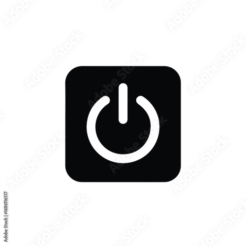 A white power symbol is centered on a black square with rounded corners