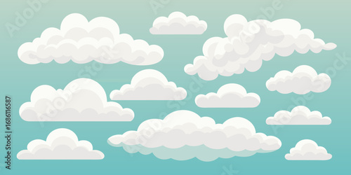 Collection of fluffy white cartoon clouds scattered across a soft blue sky background